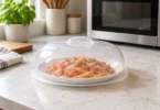 Vented translucent microwave cover over a plate of pasta on a kitchen counter