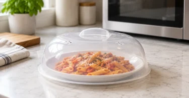 Vented translucent microwave cover over a plate of pasta on a kitchen counter