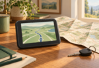Illustration of a generic portable navigation device, folded road map and car key on a wooden desk
