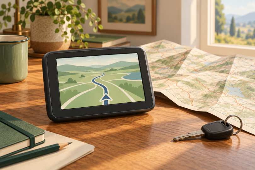Illustration of a generic portable navigation device, folded road map and car key on a wooden desk