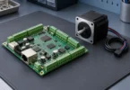 Generic unpowered motion-control circuit board beside a stepper motor with its cable unplugged on an electronics mat
