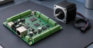 Generic unpowered motion-control circuit board beside a stepper motor with its cable unplugged on an electronics mat