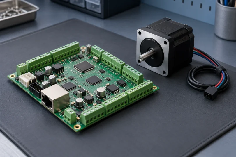 Generic unpowered motion-control circuit board beside a stepper motor with its cable unplugged on an electronics mat