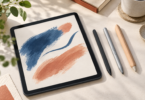 An unbranded tablet showing abstract blue and terracotta brush strokes beside three generic digital styluses