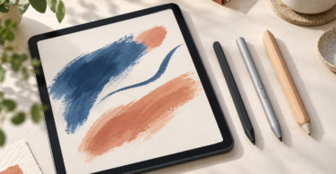 An unbranded tablet showing abstract blue and terracotta brush strokes beside three generic digital styluses