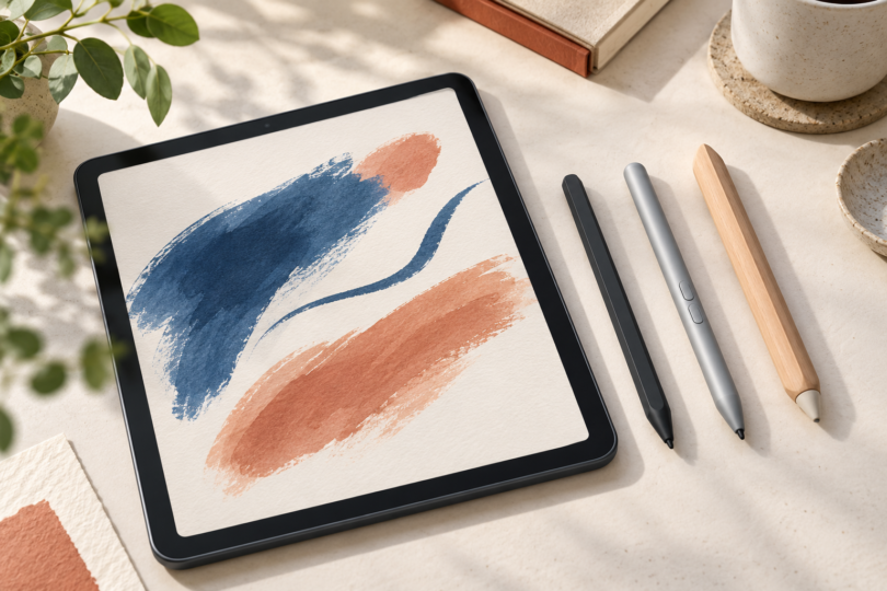 An unbranded tablet showing abstract blue and terracotta brush strokes beside three generic digital styluses