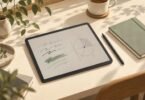 Illustration of an unbranded tablet with handwritten marks, a stylus and a notebook on a desk