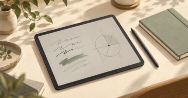 Illustration of an unbranded tablet with handwritten marks, a stylus and a notebook on a desk