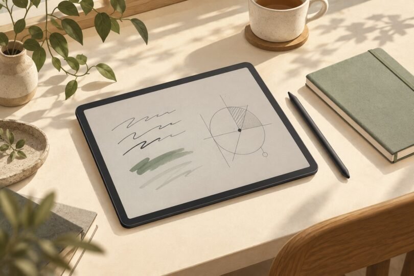 Illustration of an unbranded tablet with handwritten marks, a stylus and a notebook on a desk