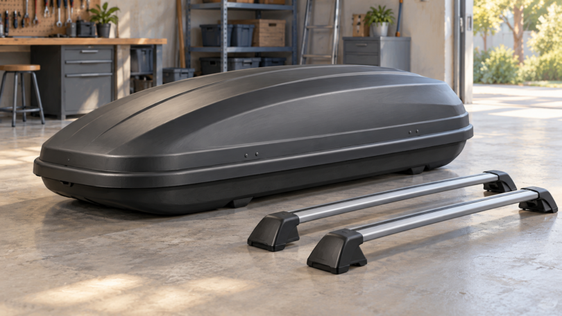 Conceptual illustration of a closed roof cargo box with two detached crossbars on a workshop floor.