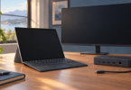Conceptual illustration of a tablet, dark-screen monitor and desktop dock with an unplugged host cable.