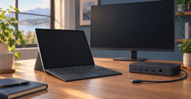 Conceptual illustration of a tablet, dark-screen monitor and desktop dock with an unplugged host cable.