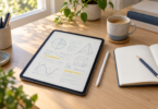 A generic tablet showing blue note-like strokes and geometric diagrams beside a stylus and open paper notebook