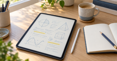 A generic tablet showing blue note-like strokes and geometric diagrams beside a stylus and open paper notebook