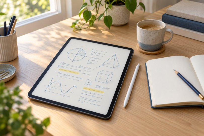 A generic tablet showing blue note-like strokes and geometric diagrams beside a stylus and open paper notebook