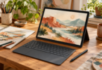 A generic unbranded tablet laptop with a painted landscape, separate keyboard and stylus on an artist desk