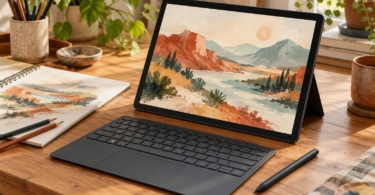 A generic unbranded tablet laptop with a painted landscape, separate keyboard and stylus on an artist desk