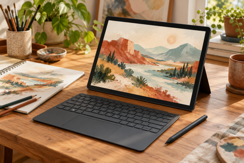 A generic unbranded tablet laptop with a painted landscape, separate keyboard and stylus on an artist desk