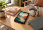 A compact generic tablet with an abstract landscape on a wooden table beside headphones, a book and a sleeve