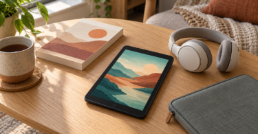 A compact generic tablet with an abstract landscape on a wooden table beside headphones, a book and a sleeve