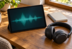An unbranded tablet displays a teal audio waveform on a wooden desk beside black over-ear headphones and a closed notebook.