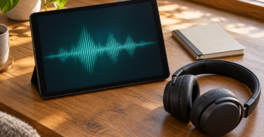 An unbranded tablet displays a teal audio waveform on a wooden desk beside black over-ear headphones and a closed notebook.
