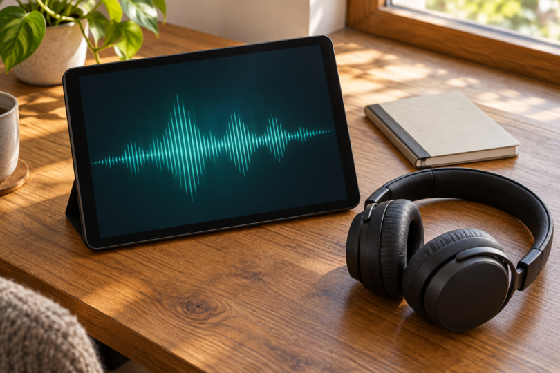 An unbranded tablet displays a teal audio waveform on a wooden desk beside black over-ear headphones and a closed notebook.