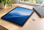 An unbranded tablet showing a blue landscape rests on a wooden desk beside a SIM card, an empty card tray and a grey notebook.