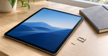 An unbranded tablet showing a blue landscape rests on a wooden desk beside a SIM card, an empty card tray and a grey notebook.