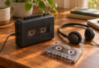 An unbranded black cassette player, a clear cassette and wired on-ear headphones on a wooden desk.