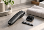 A black beard trimmer, detachable comb guard and cleaning brush beside a folded towel on a bathroom counter.