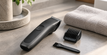 A black beard trimmer, detachable comb guard and cleaning brush beside a folded towel on a bathroom counter.