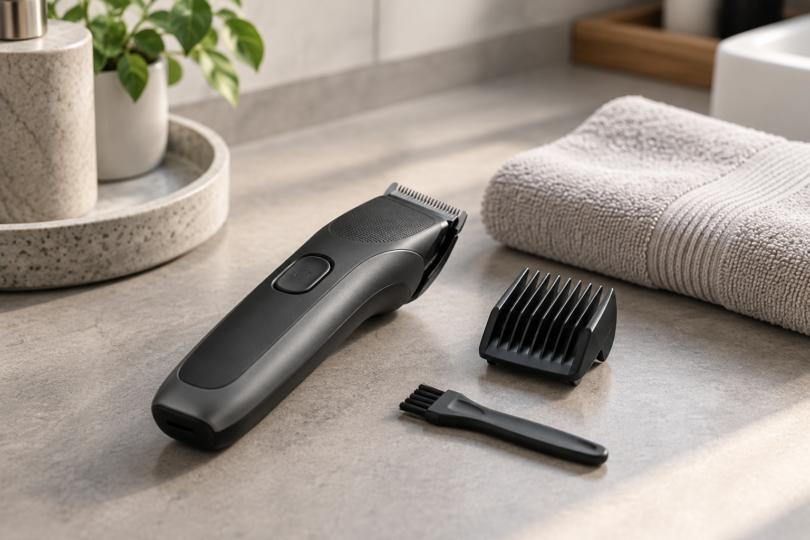 A black beard trimmer, detachable comb guard and cleaning brush beside a folded towel on a bathroom counter.