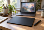 A black pen tablet and stylus on a wooden desk beside a laptop showing a digital landscape painting.