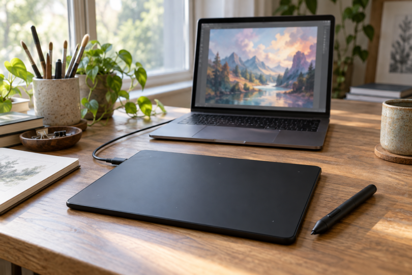 A black pen tablet and stylus on a wooden desk beside a laptop showing a digital landscape painting.