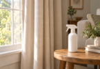 Neutral beige curtains beside a sunny window and a plain white spray bottle on a wooden table.