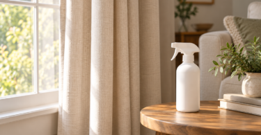 Neutral beige curtains beside a sunny window and a plain white spray bottle on a wooden table.