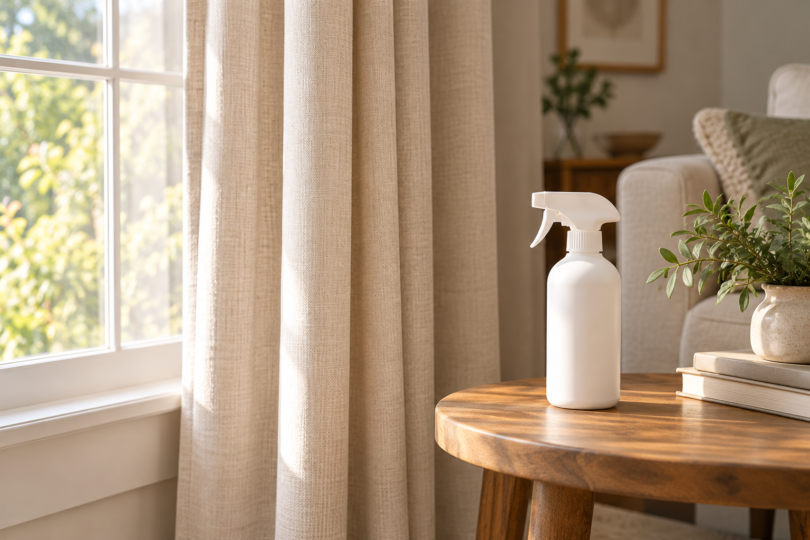 Neutral beige curtains beside a sunny window and a plain white spray bottle on a wooden table.