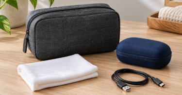 Closed charcoal travel pouch and dark blue case beside a folded white cloth and disconnected USB cable