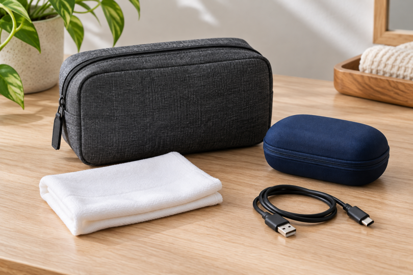 Closed charcoal travel pouch and dark blue case beside a folded white cloth and disconnected USB cable