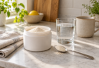 A plain white tub and spoon of pale powder beside a glass of water, ceramic mug and folded cloth on a kitchen counter.
