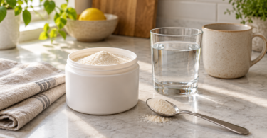 A plain white tub and spoon of pale powder beside a glass of water, ceramic mug and folded cloth on a kitchen counter.
