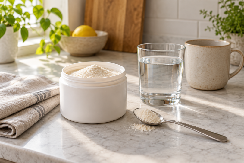 A plain white tub and spoon of pale powder beside a glass of water, ceramic mug and folded cloth on a kitchen counter.