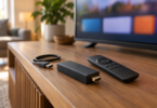 A generic black HDMI streaming stick, remote and USB cable on a wooden console in front of a television showing blurred colored blocks.