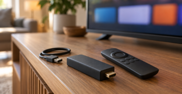 A generic black HDMI streaming stick, remote and USB cable on a wooden console in front of a television showing blurred colored blocks.