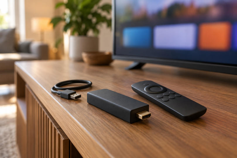 A generic black HDMI streaming stick, remote and USB cable on a wooden console in front of a television showing blurred colored blocks.