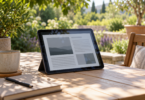 A dark tablet on a stand with screen reflections, a mug and notebook on a shaded wooden patio table overlooking a sunny garden.