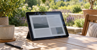 A dark tablet on a stand with screen reflections, a mug and notebook on a shaded wooden patio table overlooking a sunny garden.