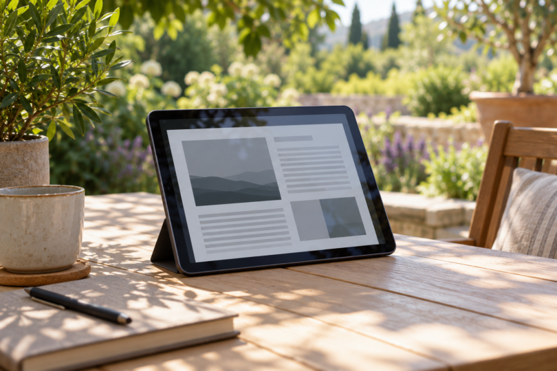A dark tablet on a stand with screen reflections, a mug and notebook on a shaded wooden patio table overlooking a sunny garden.