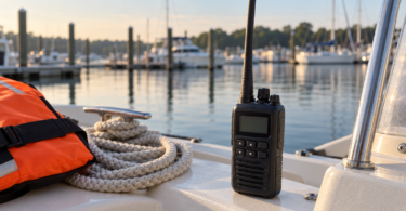 A dark handheld radio with a long antenna stands beside coiled dock line and an orange life jacket on a boat at a calm marina.